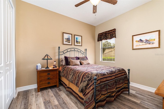 bedroom featuring ceiling fan, hardwood / wood-style flooring, and a closet