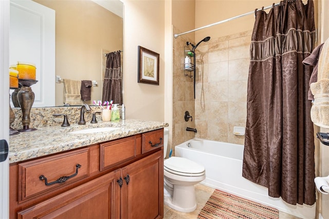 full bathroom featuring shower / tub combo, tile patterned floors, vanity, and toilet