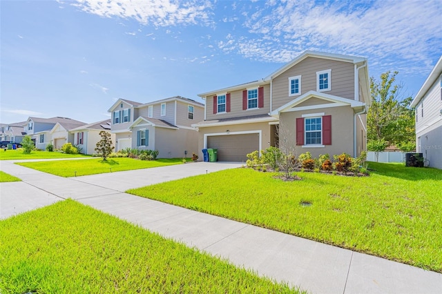 view of front of property featuring central AC unit, a front yard, and a garage