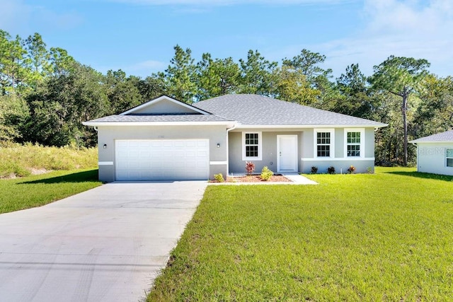 ranch-style home featuring a front yard and a garage