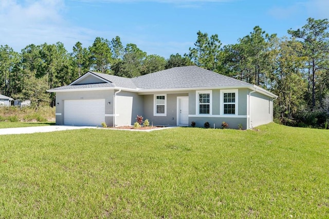 single story home featuring a front yard and a garage