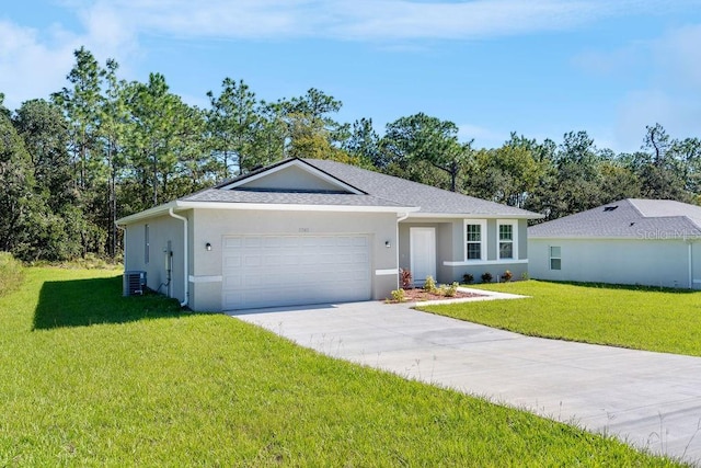 single story home featuring a front yard, a garage, and cooling unit