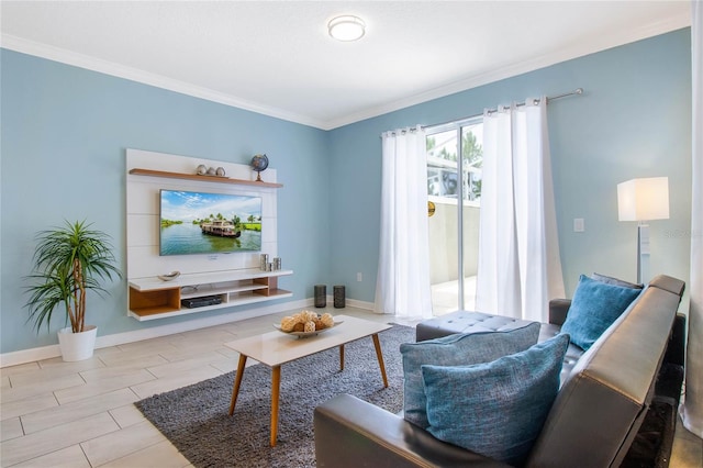 living room with ornamental molding