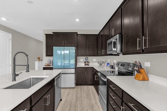 kitchen featuring appliances with stainless steel finishes, dark brown cabinetry, sink, and light wood-type flooring