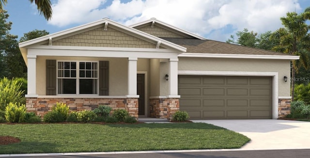 craftsman inspired home with a garage and a front lawn