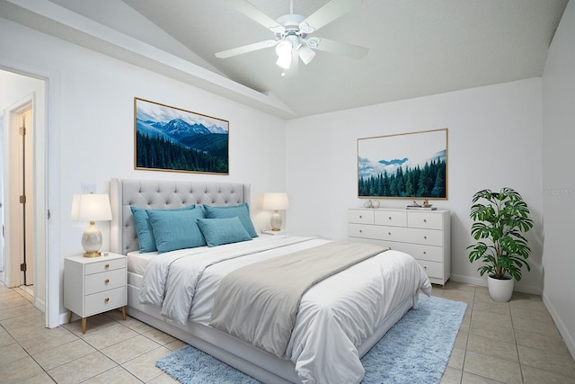 bedroom featuring light tile patterned flooring, vaulted ceiling, and ceiling fan