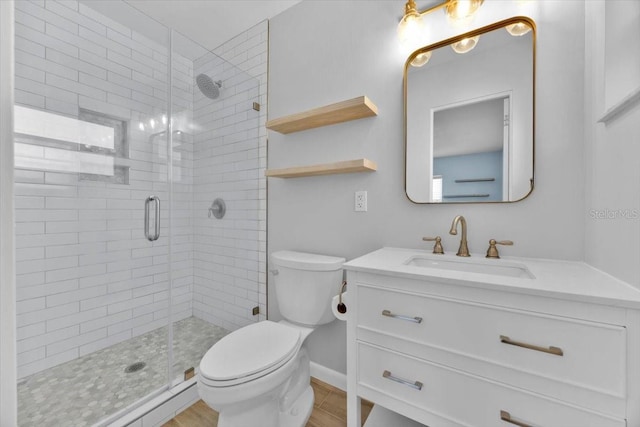 bathroom with vanity, toilet, and a shower with shower door