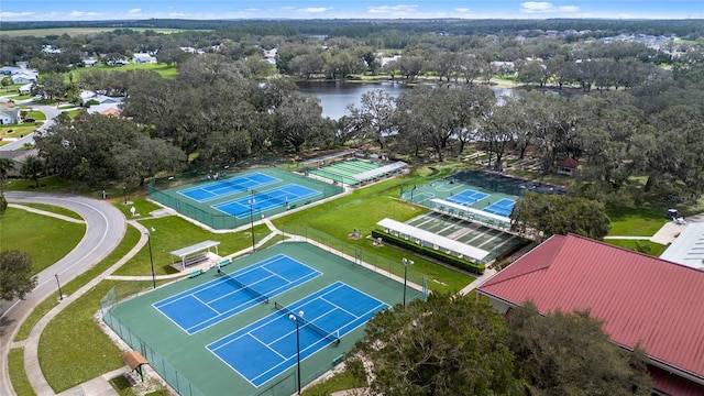 drone / aerial view with a water view