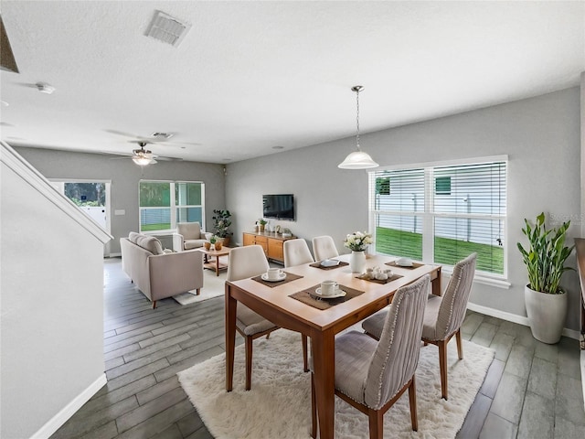 dining space featuring hardwood / wood-style floors and ceiling fan