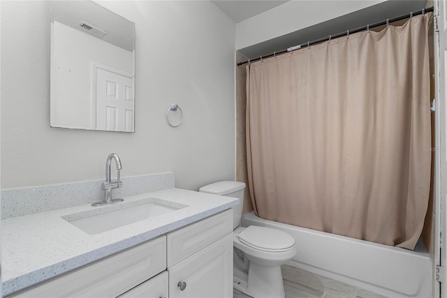 full bathroom featuring shower / bathtub combination with curtain, vanity, and toilet