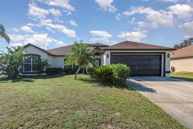 ranch-style house featuring a front lawn and a garage