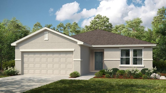 ranch-style home featuring a garage and a front lawn