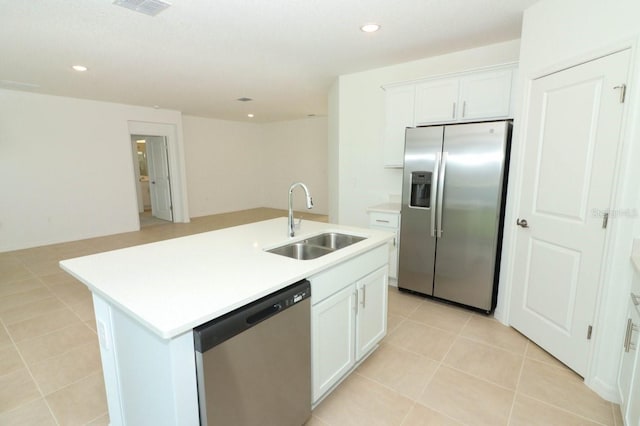 kitchen with a center island with sink, appliances with stainless steel finishes, sink, and white cabinetry