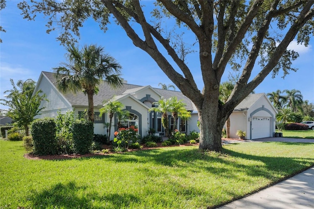 view of front of property with a front yard and a garage