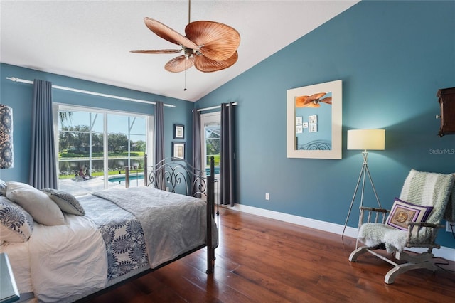 bedroom with ceiling fan, dark hardwood / wood-style flooring, vaulted ceiling, and access to exterior