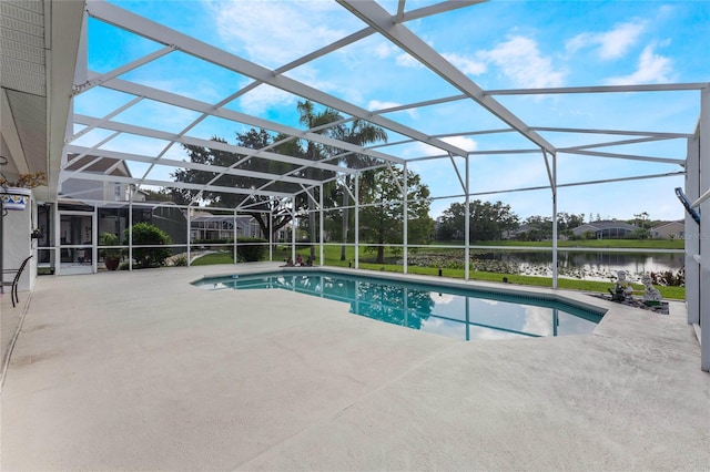 view of pool featuring a lanai, a patio, and a water view