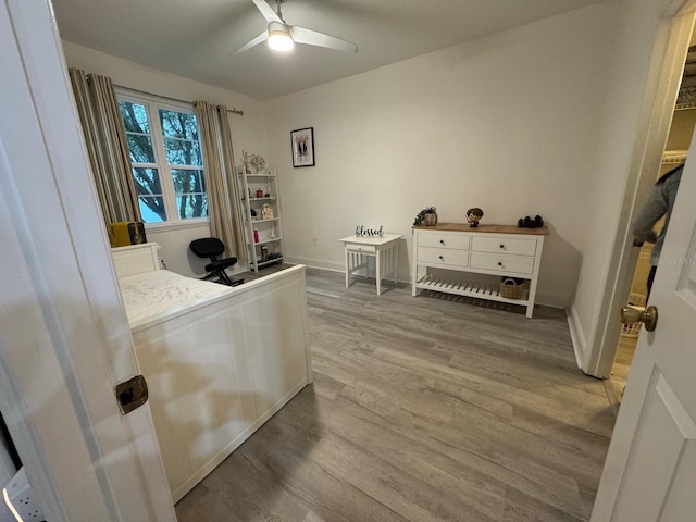 office featuring light wood-type flooring and ceiling fan