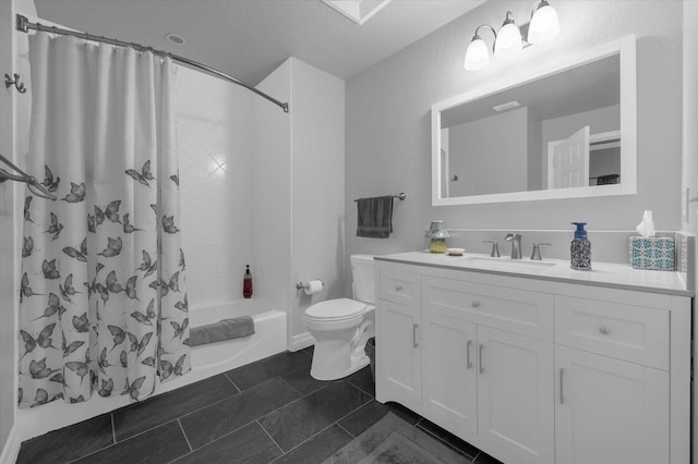 full bathroom featuring vanity, a textured ceiling, tile patterned floors, toilet, and shower / tub combo with curtain