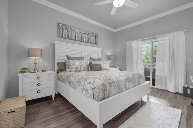 bedroom featuring ornamental molding, ceiling fan, access to outside, and dark hardwood / wood-style flooring