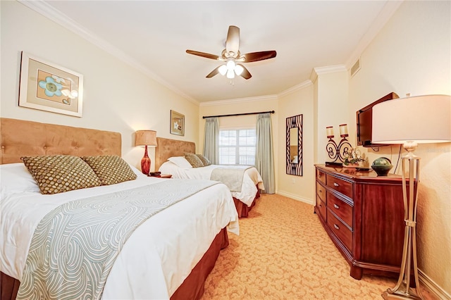 bedroom with ceiling fan, light carpet, and ornamental molding