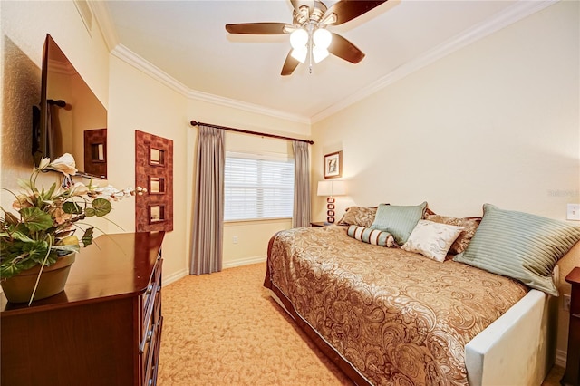 bedroom with ceiling fan, light carpet, and ornamental molding