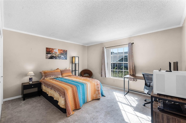 carpeted bedroom with ornamental molding and a textured ceiling