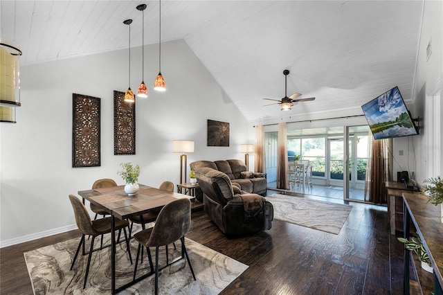 dining room featuring ceiling fan, wooden ceiling, dark wood-type flooring, and high vaulted ceiling