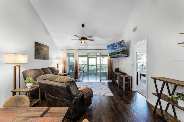 living room with ceiling fan, high vaulted ceiling, and dark wood-type flooring