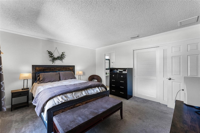 bedroom featuring crown molding, a closet, a textured ceiling, and dark colored carpet