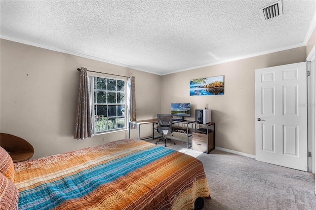 bedroom featuring crown molding, light colored carpet, and a textured ceiling