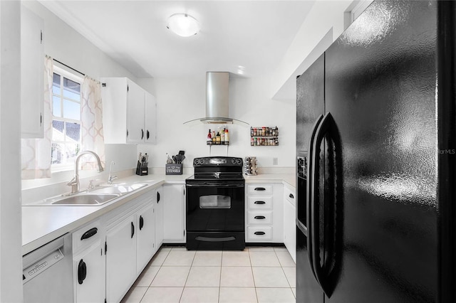 kitchen featuring island exhaust hood, sink, black appliances, light tile patterned floors, and white cabinets