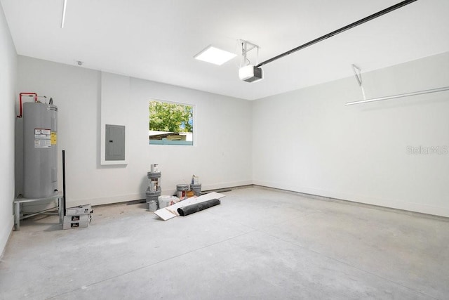 garage featuring a garage door opener, electric panel, and electric water heater