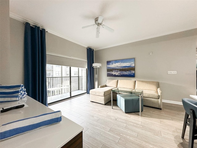 bedroom with access to outside, light hardwood / wood-style flooring, ornamental molding, and ceiling fan