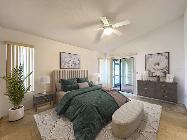 bedroom with lofted ceiling, ceiling fan, a textured ceiling, access to exterior, and light colored carpet