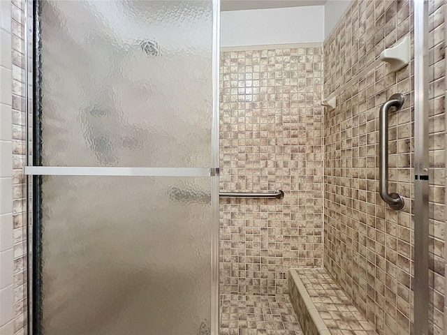 bathroom with a shower with shower door