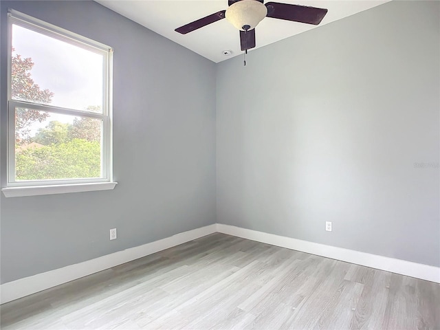 empty room with ceiling fan and light hardwood / wood-style flooring