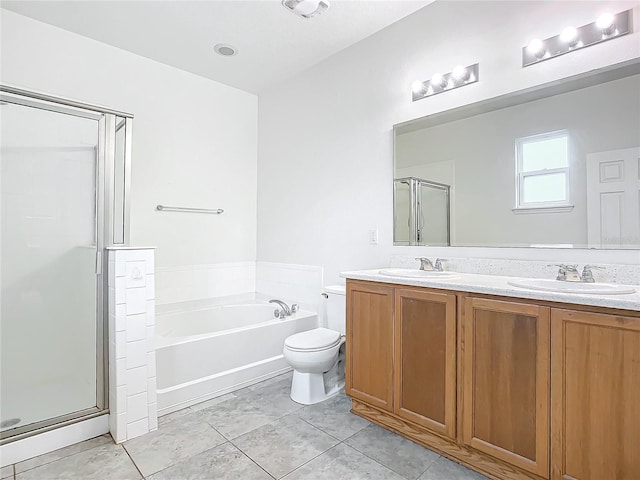 full bathroom featuring vanity, independent shower and bath, toilet, and tile patterned flooring