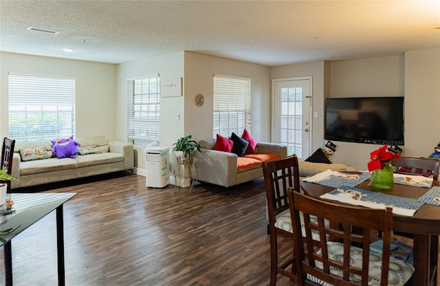 living room with a textured ceiling, dark hardwood / wood-style floors, and a healthy amount of sunlight