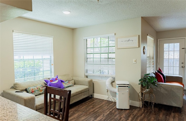 interior space with dark wood-type flooring, multiple windows, and a textured ceiling