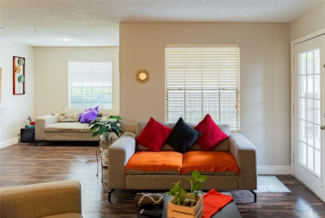 living room with wood-type flooring, a textured ceiling, and a healthy amount of sunlight