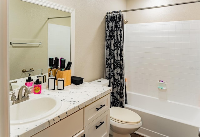 full bathroom with vanity, toilet, and shower / tub combo with curtain