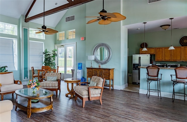 living room featuring ceiling fan, high vaulted ceiling, beam ceiling, and dark hardwood / wood-style floors