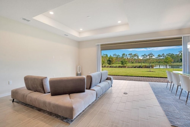 interior space with a water view