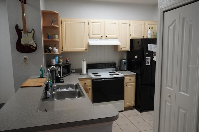 kitchen with light tile patterned floors, black refrigerator, tasteful backsplash, electric stove, and sink