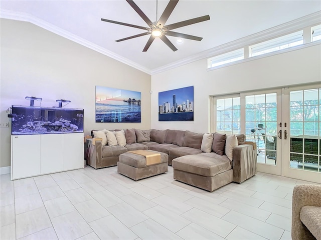 living room with french doors, crown molding, high vaulted ceiling, and ceiling fan