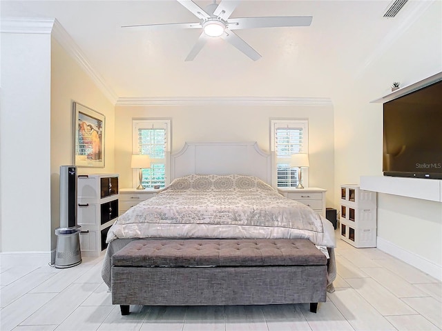 bedroom featuring crown molding, vaulted ceiling, light tile patterned floors, and ceiling fan