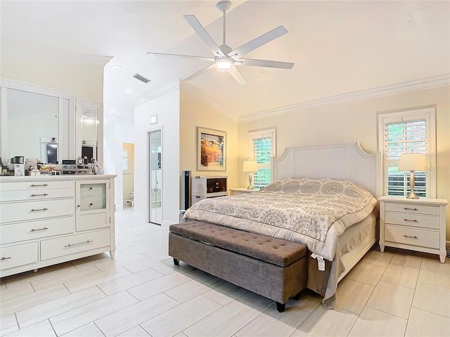 bedroom featuring ceiling fan, crown molding, and lofted ceiling