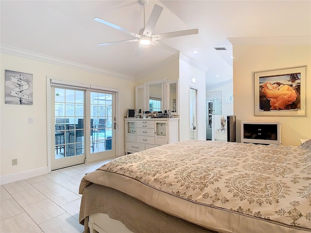 tiled bedroom with lofted ceiling, crown molding, access to exterior, and ceiling fan