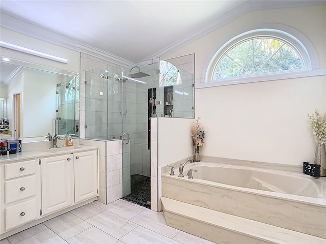 bathroom with independent shower and bath, tile patterned floors, lofted ceiling, vanity, and ornamental molding