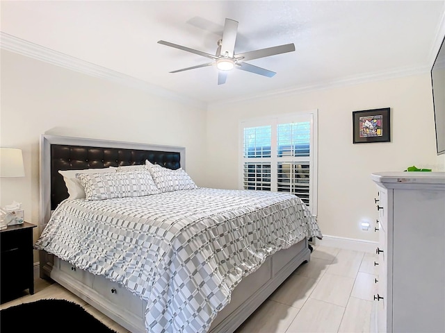 bedroom with ornamental molding, light tile patterned floors, and ceiling fan